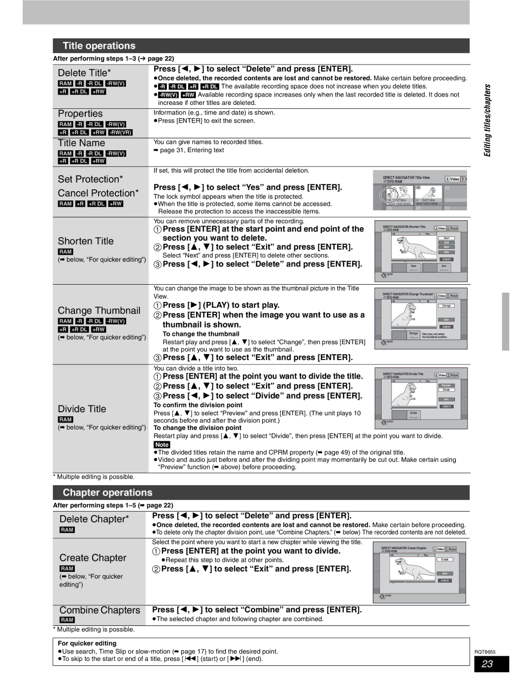 Panasonic SC-RT50 warranty Title operations, Chapter operations 