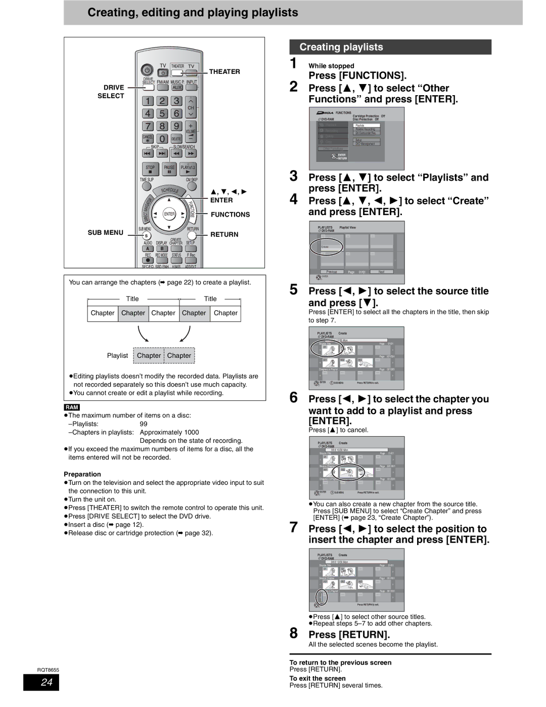 Panasonic SC-RT50 warranty Creating, editing and playing playlists, Creating playlists 