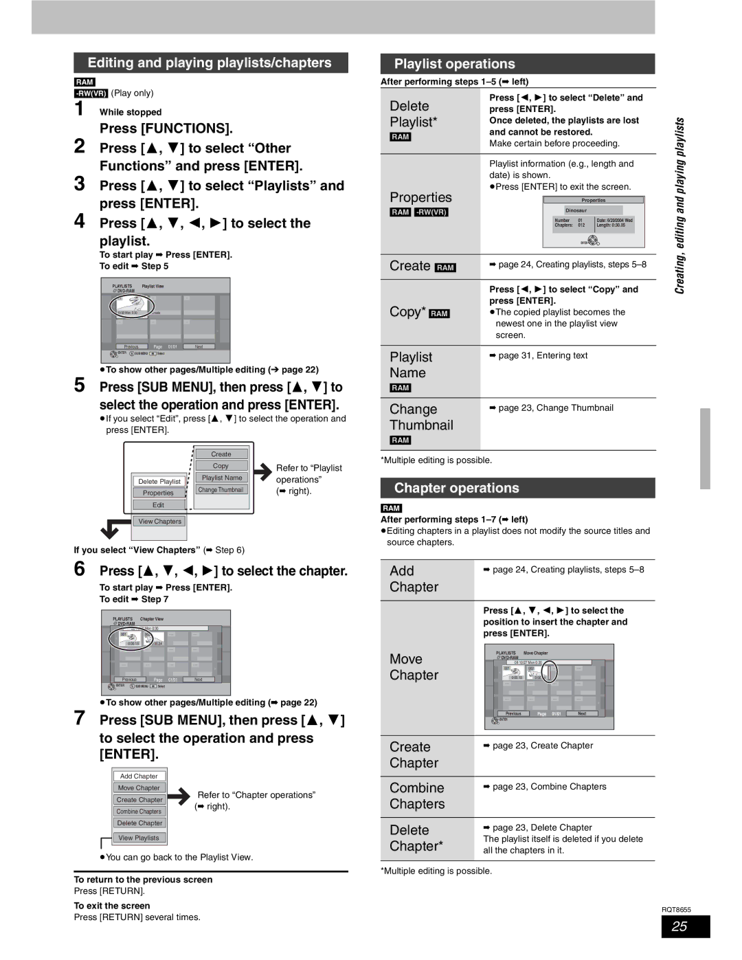 Panasonic SC-RT50 warranty Editing and playing playlists/chapters, Playlist operations 