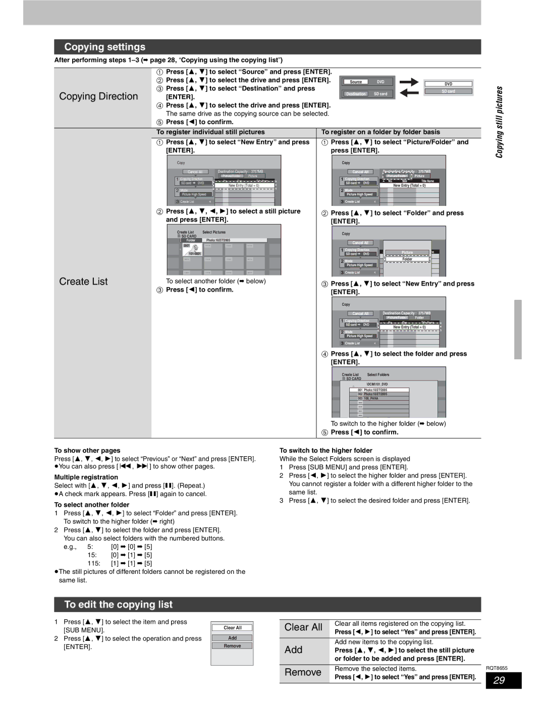 Panasonic SC-RT50 warranty Copying settings, To edit the copying list 