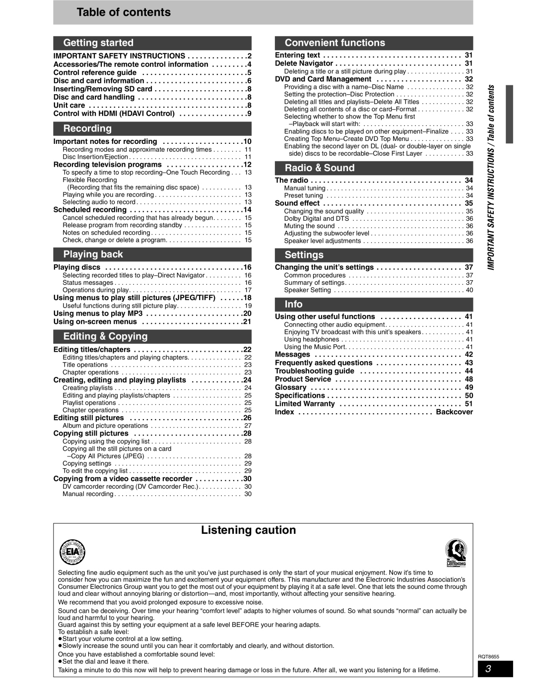 Panasonic SC-RT50 warranty Table of contents, Listening caution 