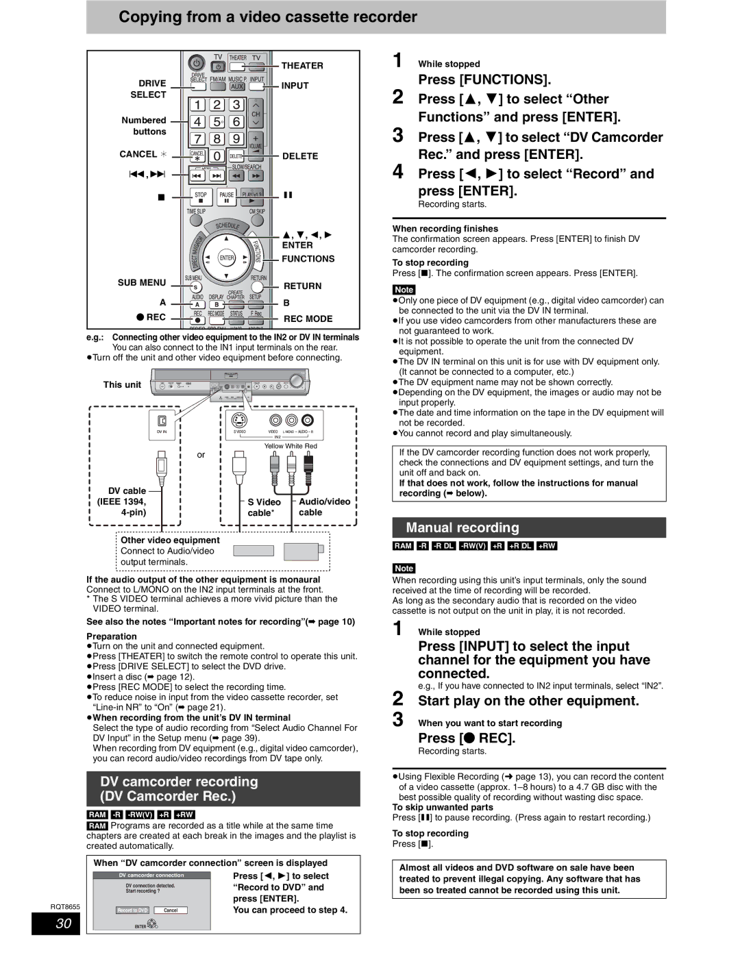 Panasonic SC-RT50 Copying from a video cassette recorder, Manual recording, DV camcorder recording DV Camcorder Rec 