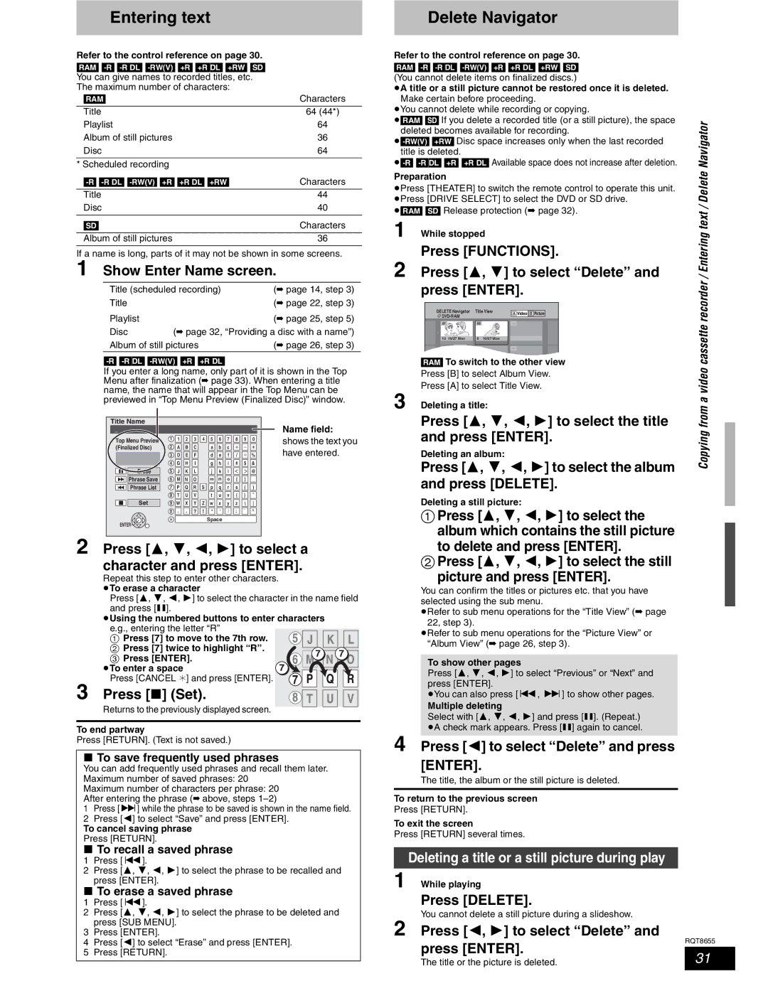 Panasonic SC-RT50 warranty Entering text Delete Navigator, Deleting a title or a still picture during play 