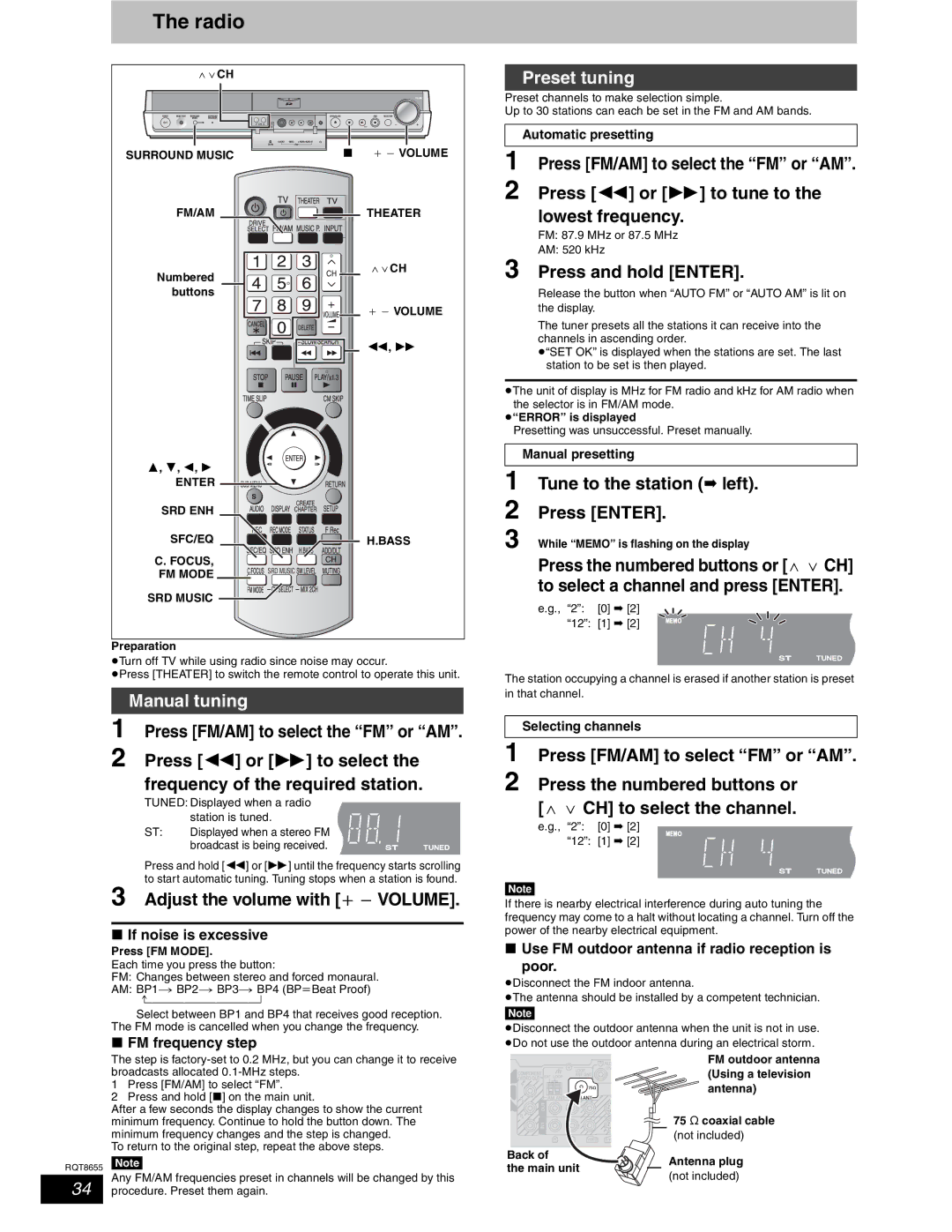 Panasonic SC-RT50 warranty Radio, Manual tuning, Preset tuning, Press and hold Enter, Tune to the station left Press Enter 