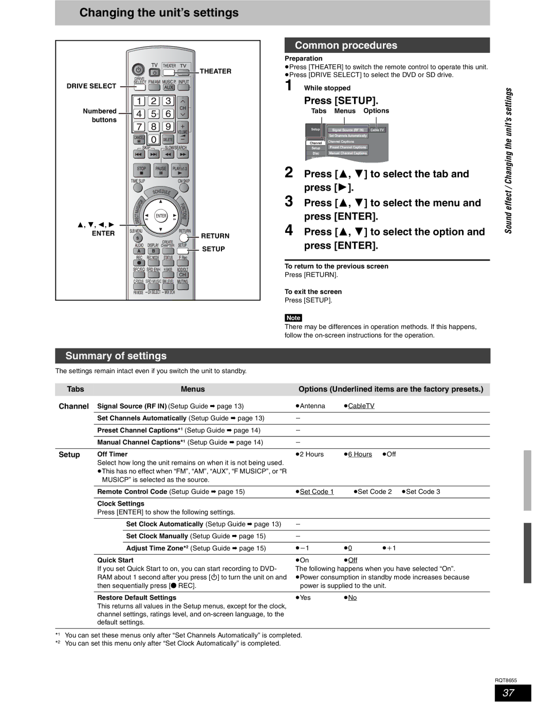 Panasonic SC-RT50 warranty Changing the unit’s settings, Summary of settings, Common procedures, Press Setup 