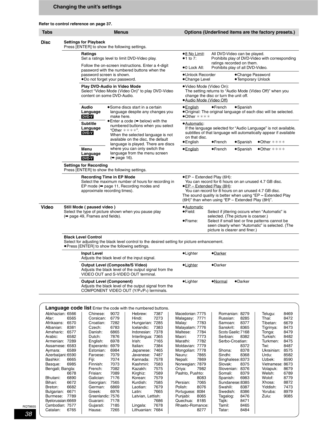 Panasonic SC-RT50 warranty Changing the unit’s settings 