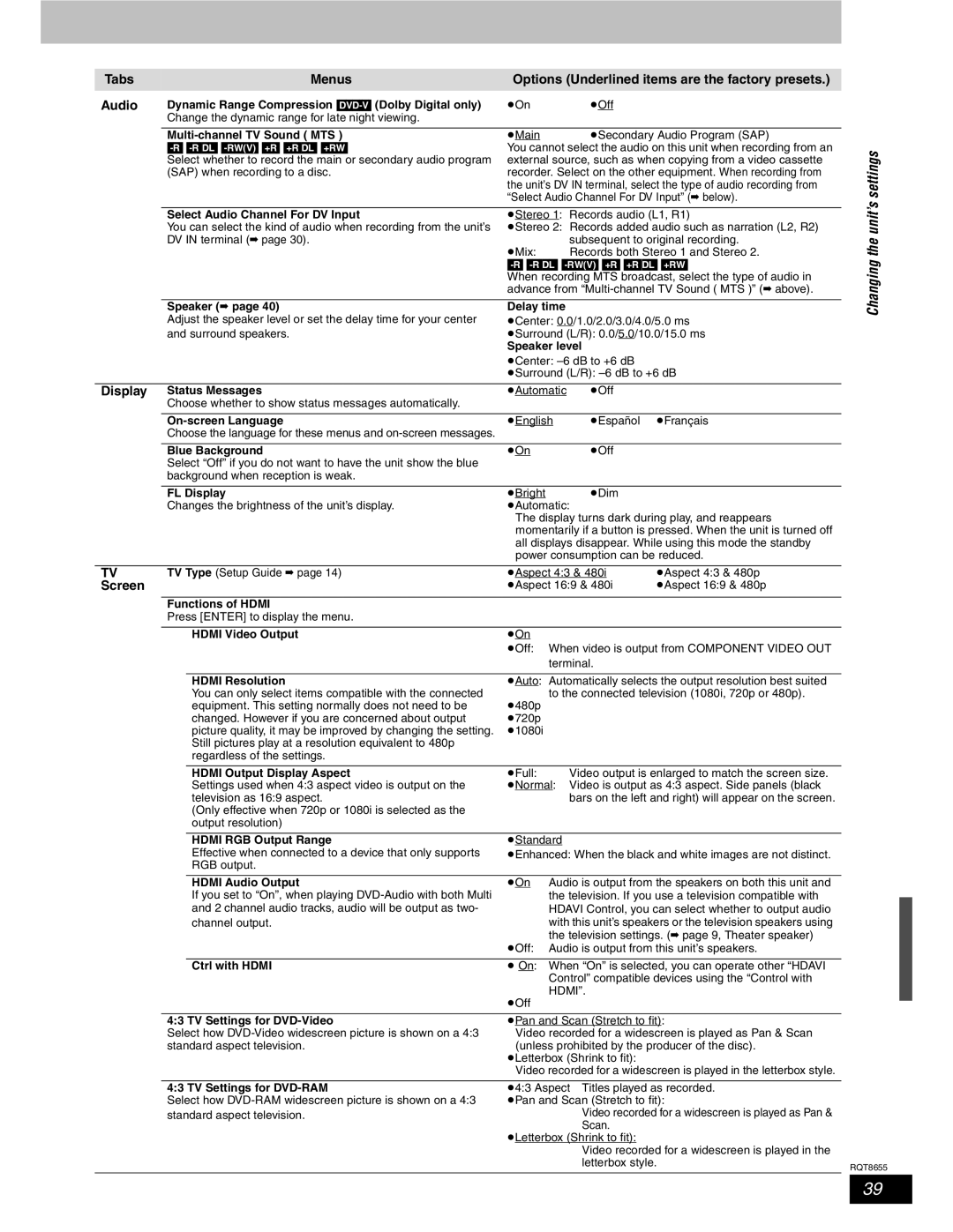 Panasonic SC-RT50 warranty Changing the unit’s settings, Audio, Display, Screen 