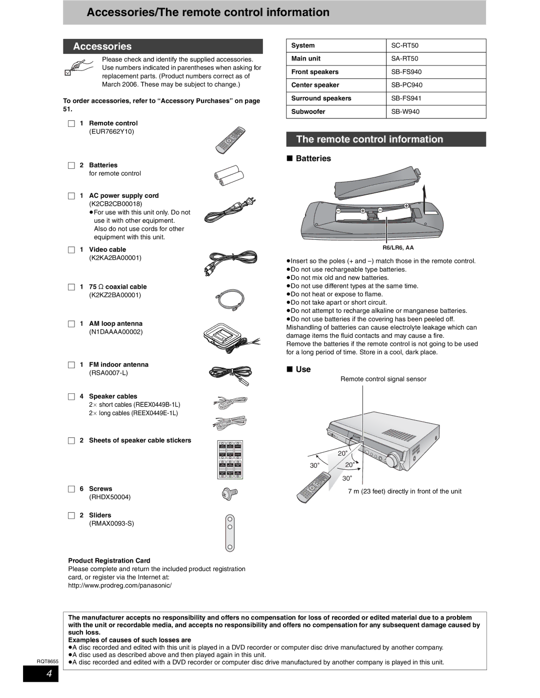 Panasonic SC-RT50 warranty Accessories/The remote control information, Remote control information, Batteries, Use 