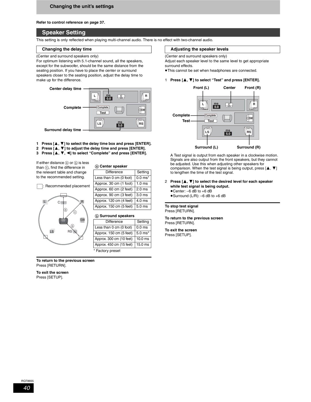 Panasonic SC-RT50 Speaker Setting, Changing the delay time, Adjusting the speaker levels, Front L Center Front R, Test 