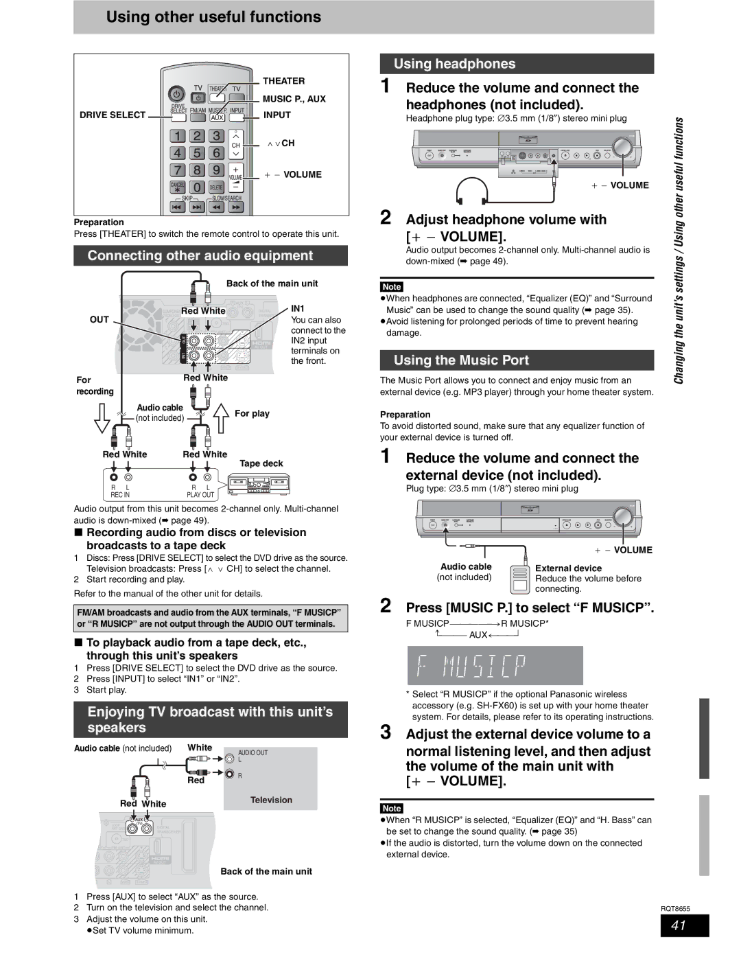 Panasonic SC-RT50 Using other useful functions, Connecting other audio equipment, Using headphones, Using the Music Port 