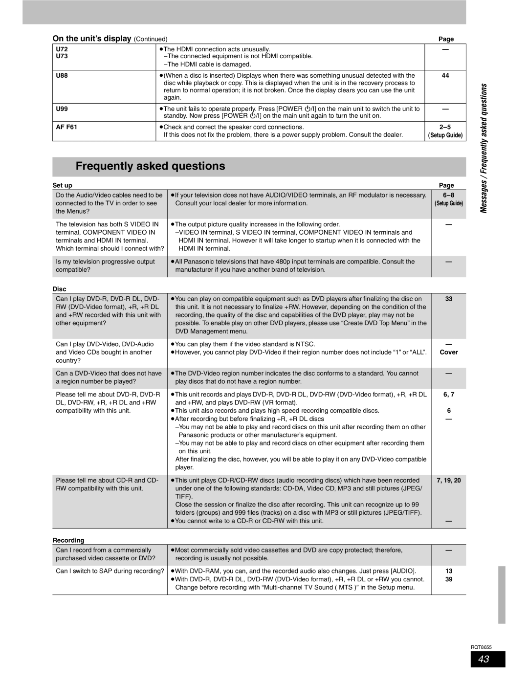 Panasonic SC-RT50 warranty Messages / Frequently asked questions 