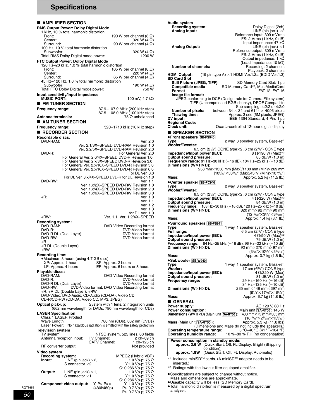 Panasonic SC-RT50 warranty Specifications 