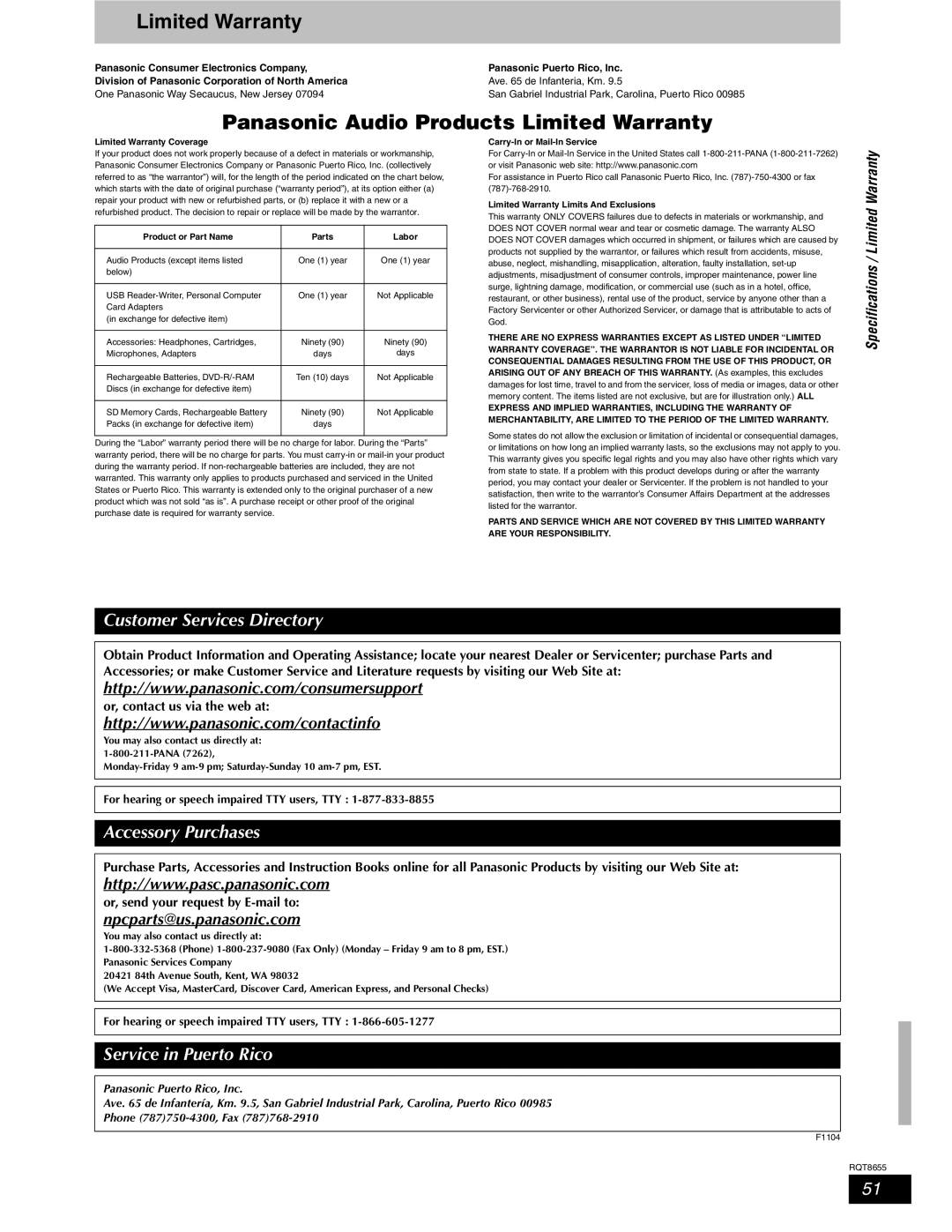 Panasonic SC-RT50 warranty Panasonic Audio Products Limited Warranty 