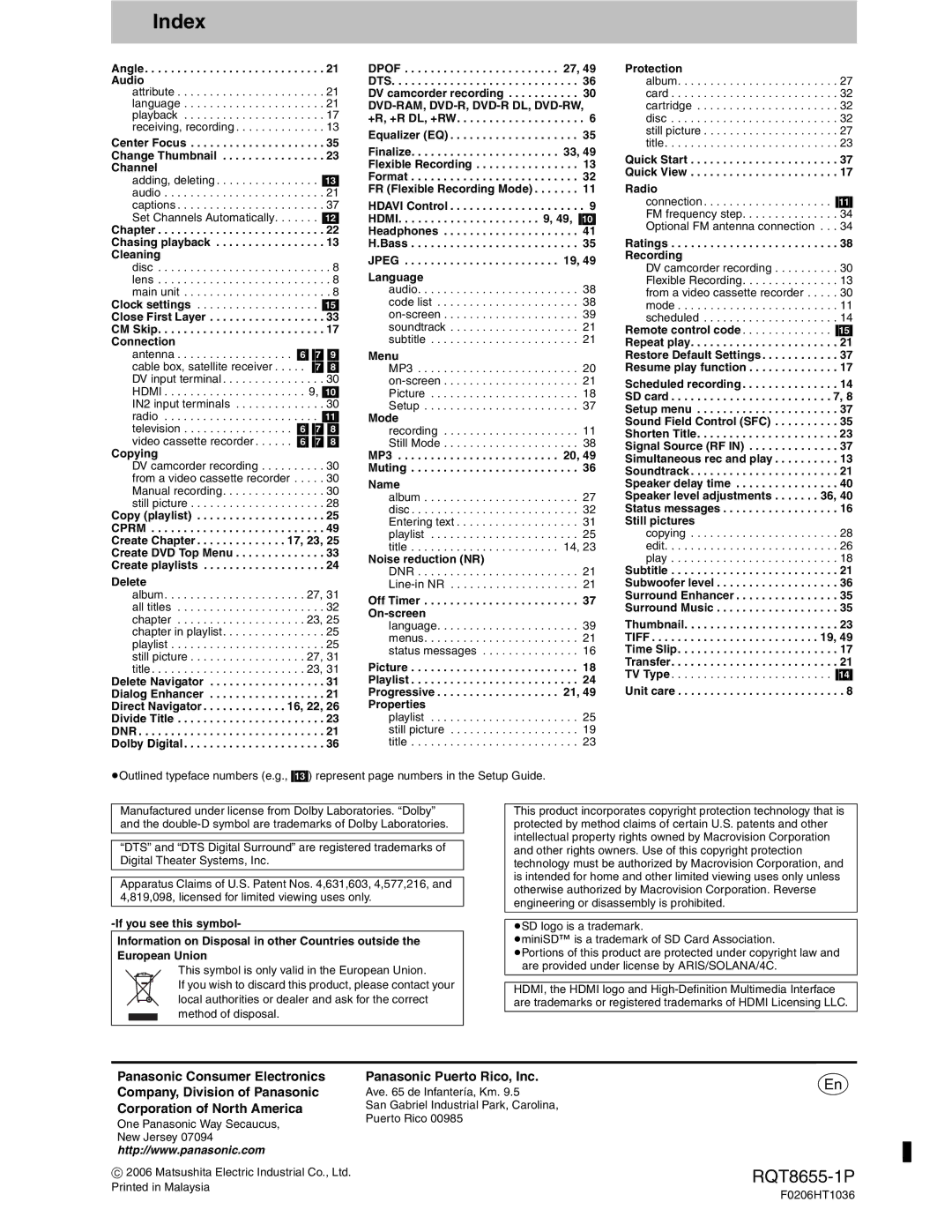 Panasonic SC-RT50 warranty Index, Corporation of North America 