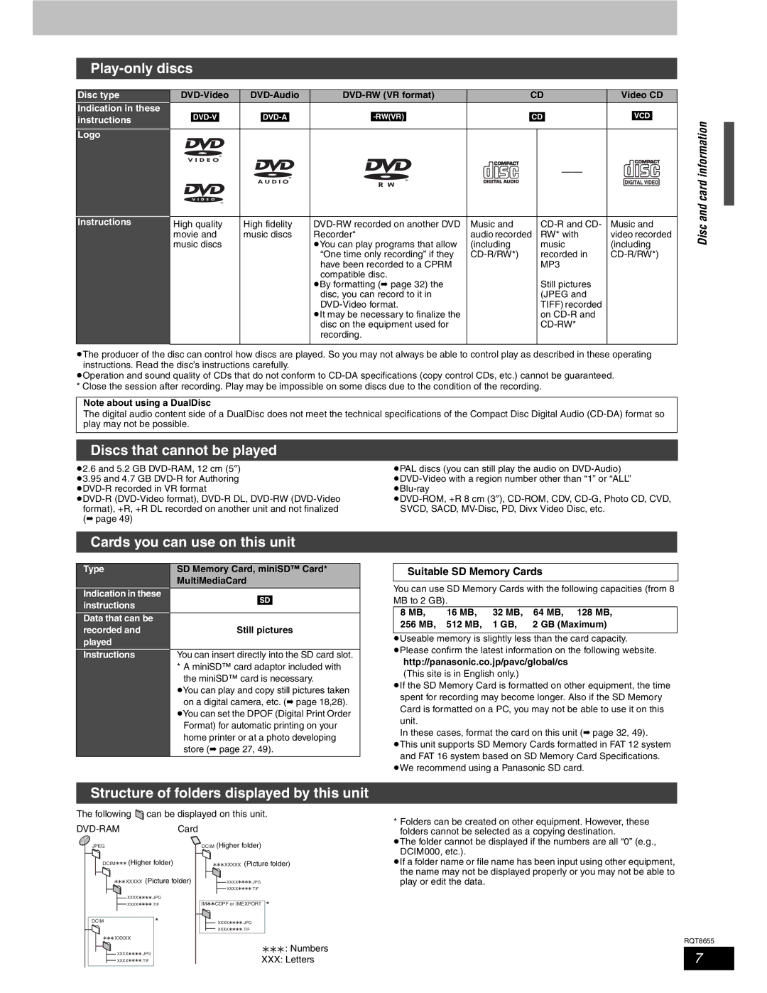 Panasonic SC-RT50 Play-only discs, Discs that cannot be played, Cards you can use on this unit, Disc and card information 