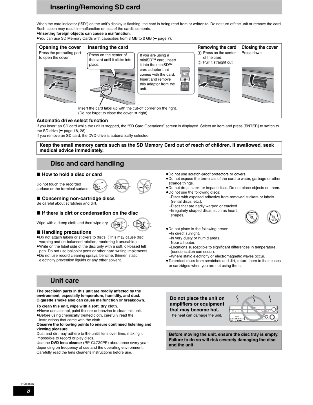 Panasonic SC-RT50 warranty Inserting/Removing SD card, Disc and card handling, Unit care 