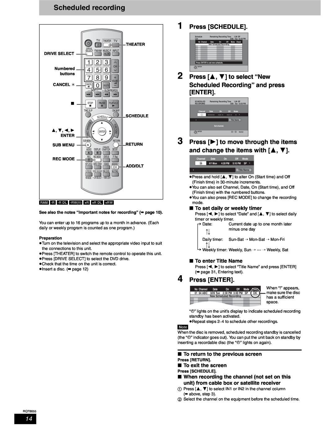 Panasonic SC-RT50 Scheduled recording, w To set daily or weekly timer, w To enter Title Name, w To exit the screen, space 