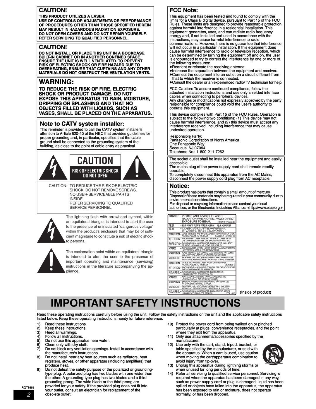 Panasonic SC-RT50 warranty Important Safety Instructions, Note to CATV system installer, FCC Note, Notice 