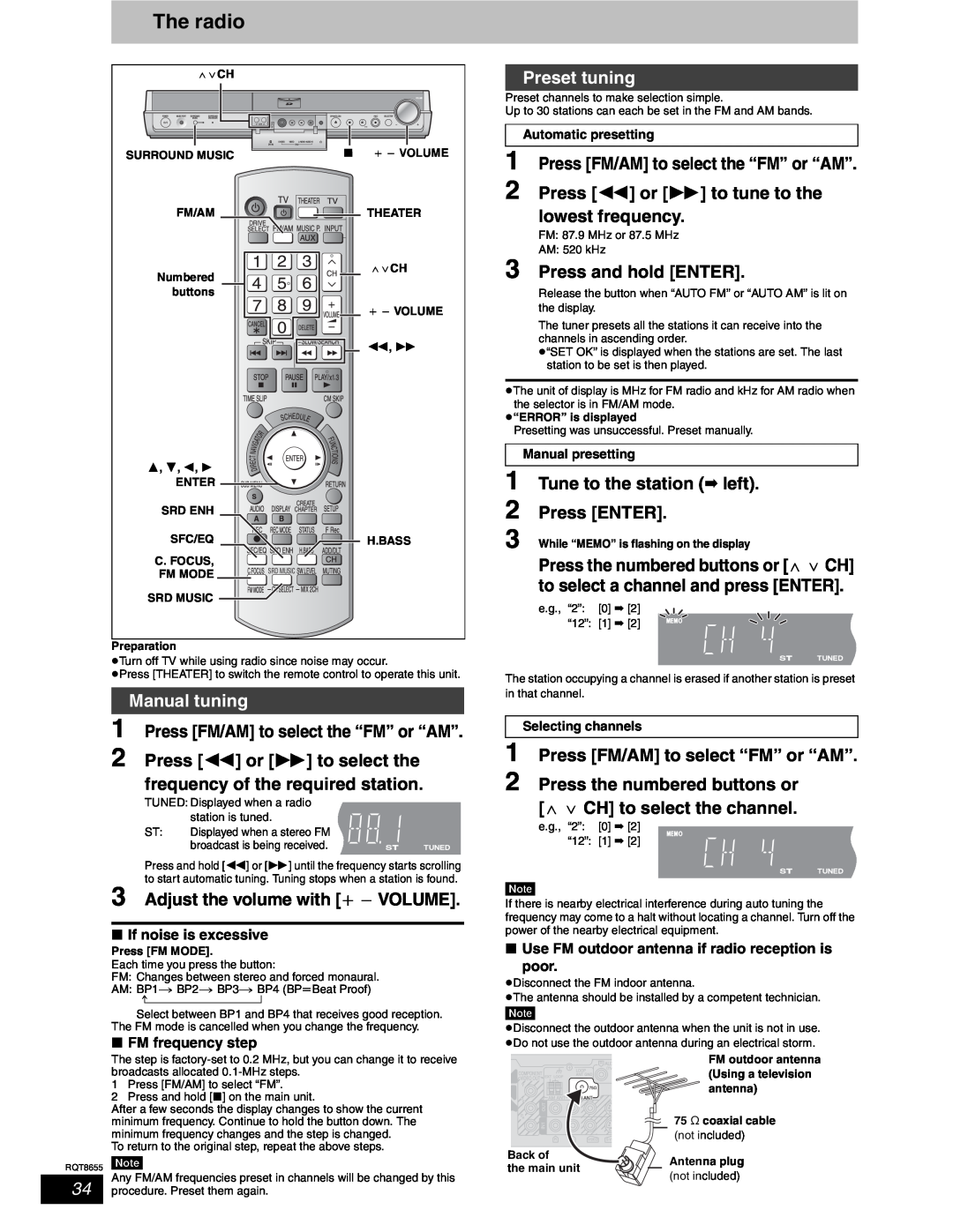 Panasonic SC-RT50 warranty The radio, Manual tuning, Preset tuning 