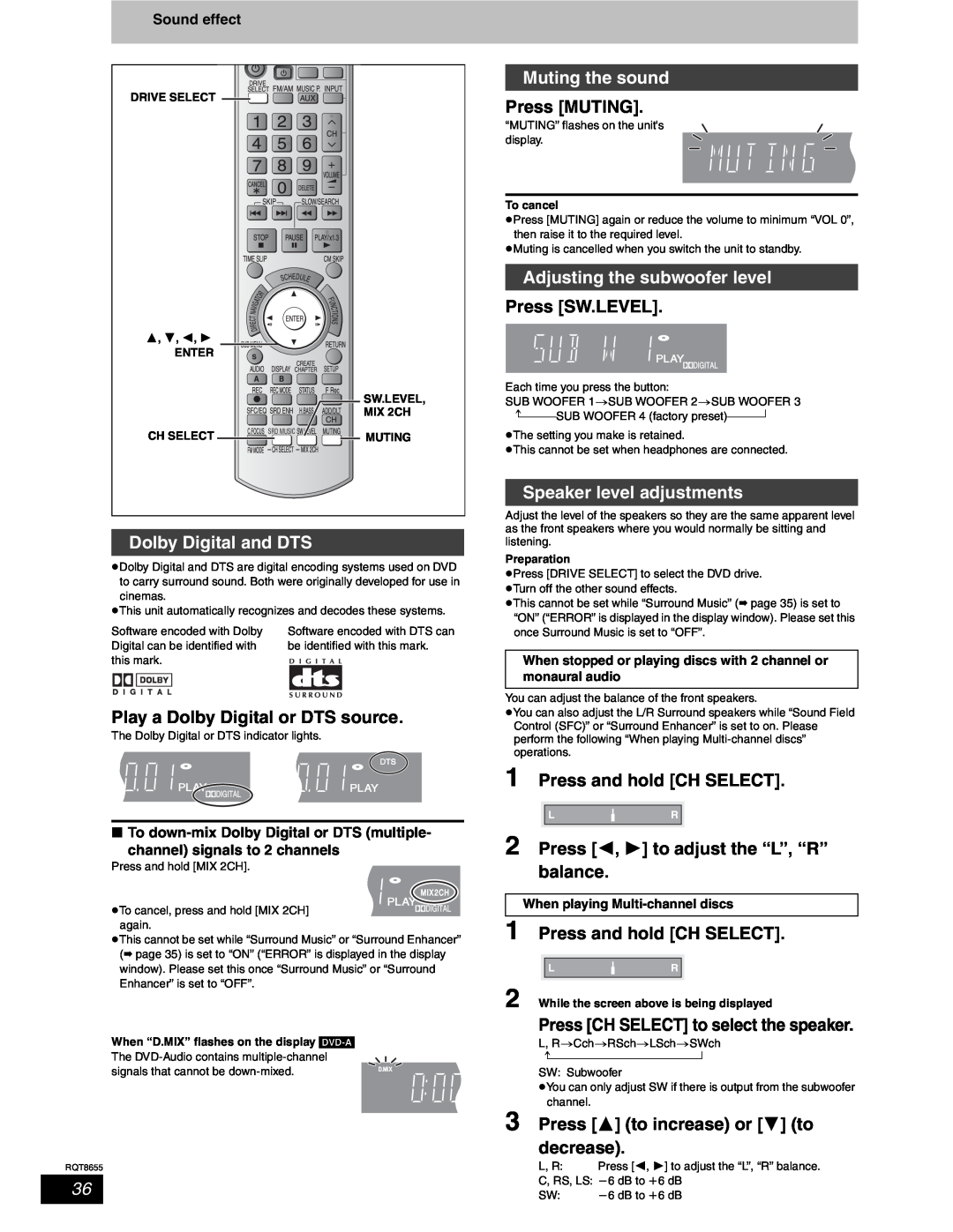Panasonic SC-RT50 Dolby Digital and DTS, Muting the sound, Adjusting the subwoofer level, Speaker level adjustments, Press 