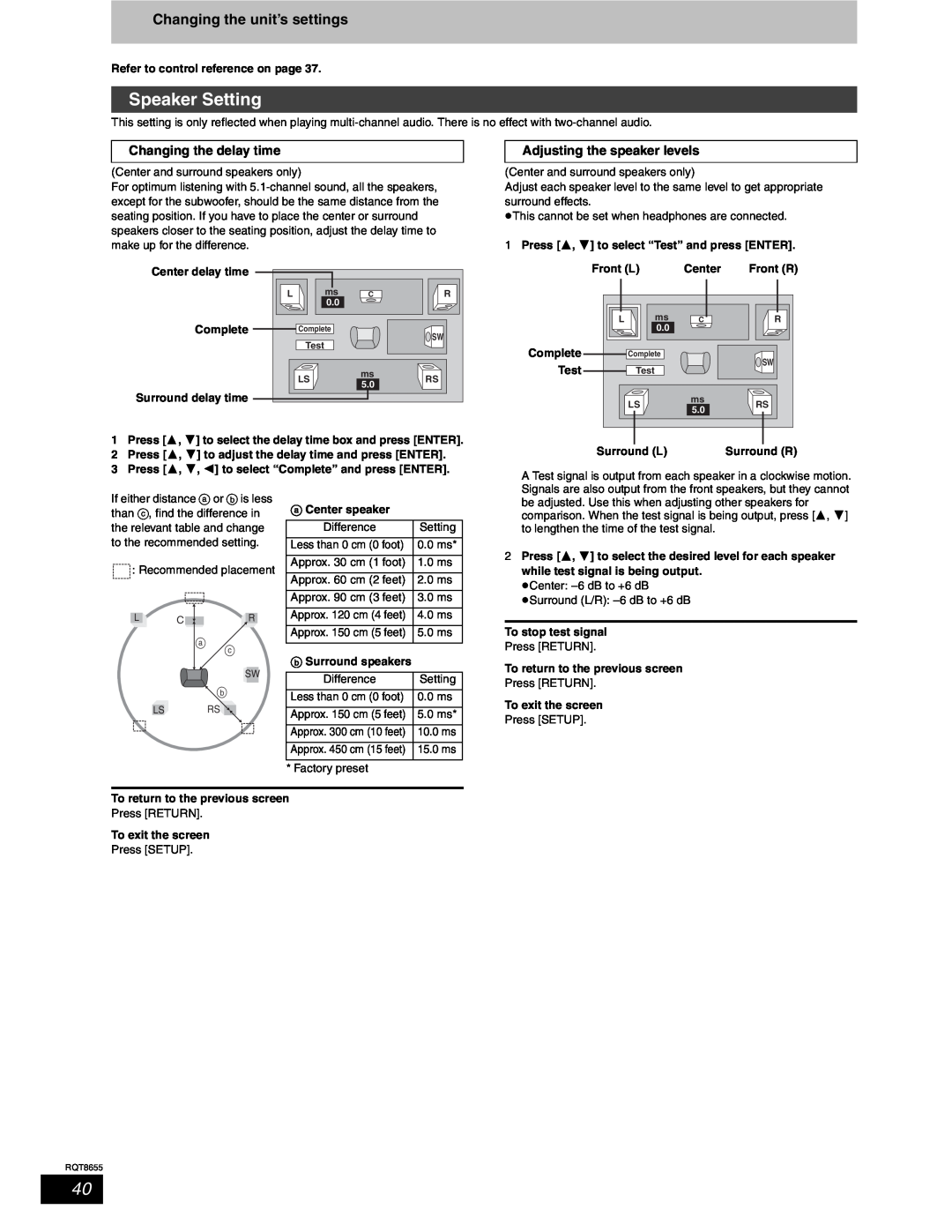 Panasonic SC-RT50 Speaker Setting, Changing the unit’s settings, Changing the delay time, Adjusting the speaker levels 