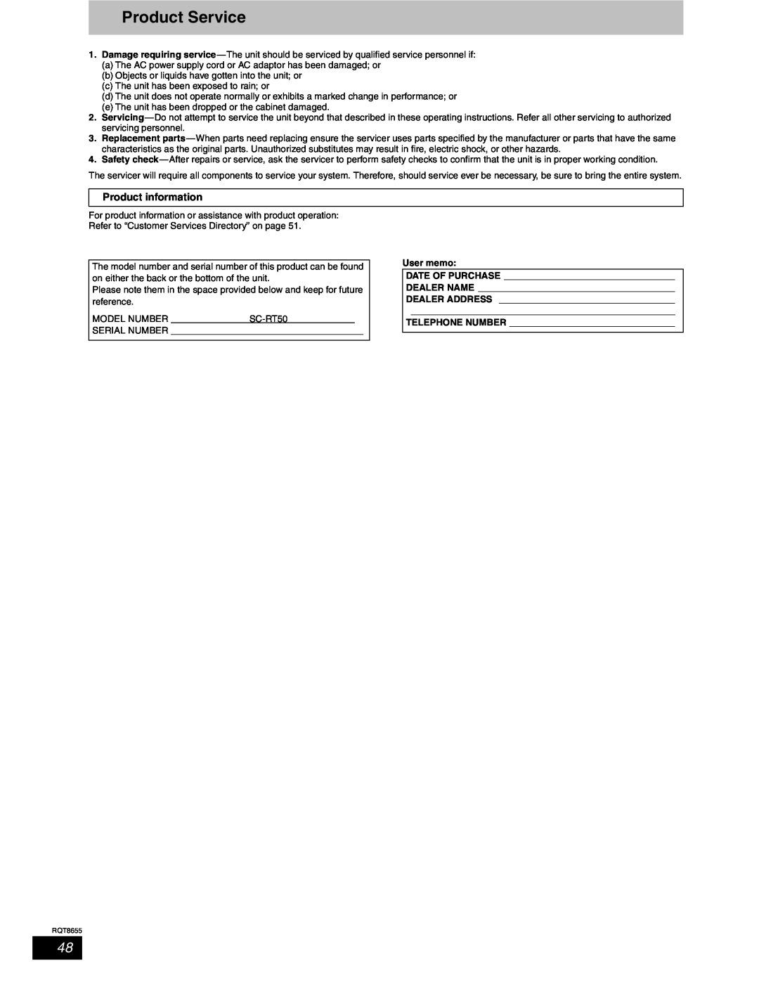 Panasonic SC-RT50 warranty Product Service, Product information 