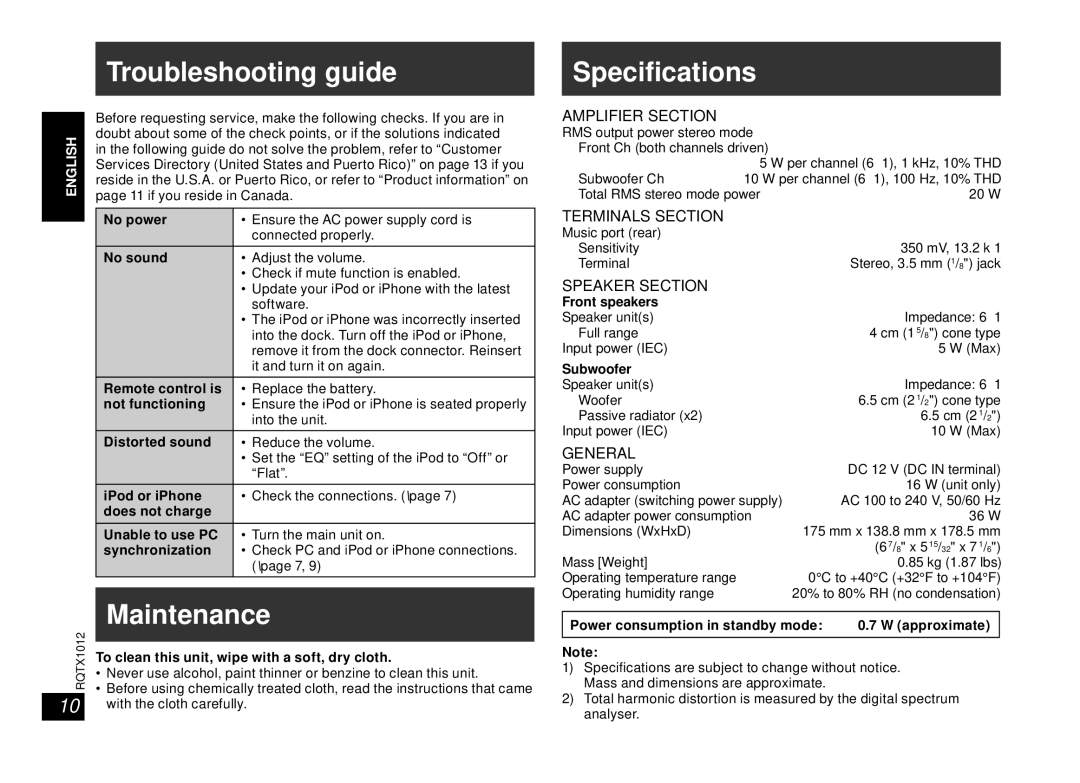 Panasonic SC-SP100 manual Troubleshooting guide, Speciﬁcations, Maintenance 