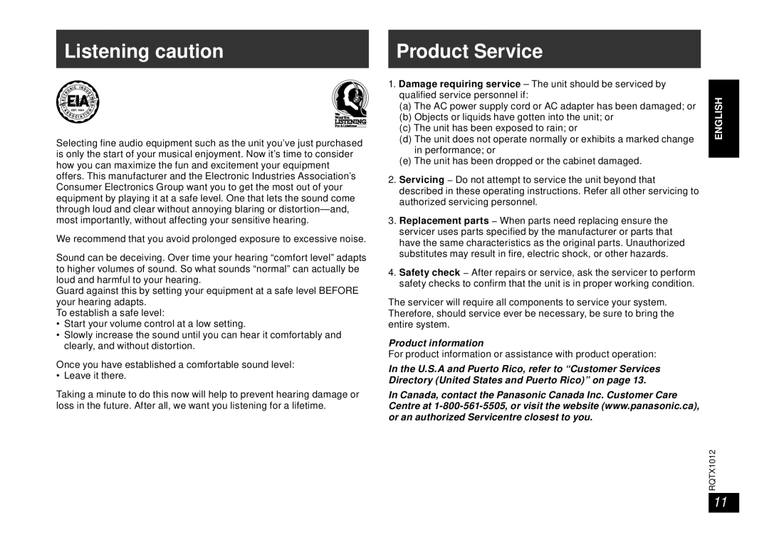 Panasonic SC-SP100 manual Listening caution, Product Service, Product information 