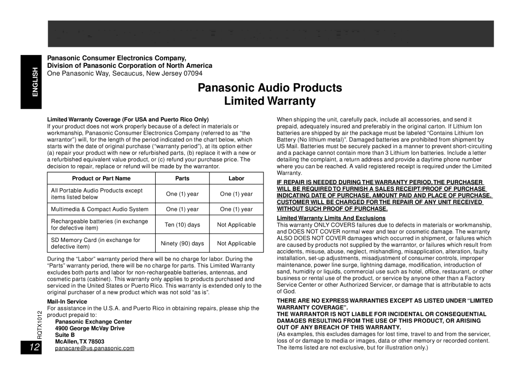 Panasonic SC-SP100 manual Limited Warranty only for U.S.A. and Puerto Rico, Panasonic Audio Products Limited Warranty 