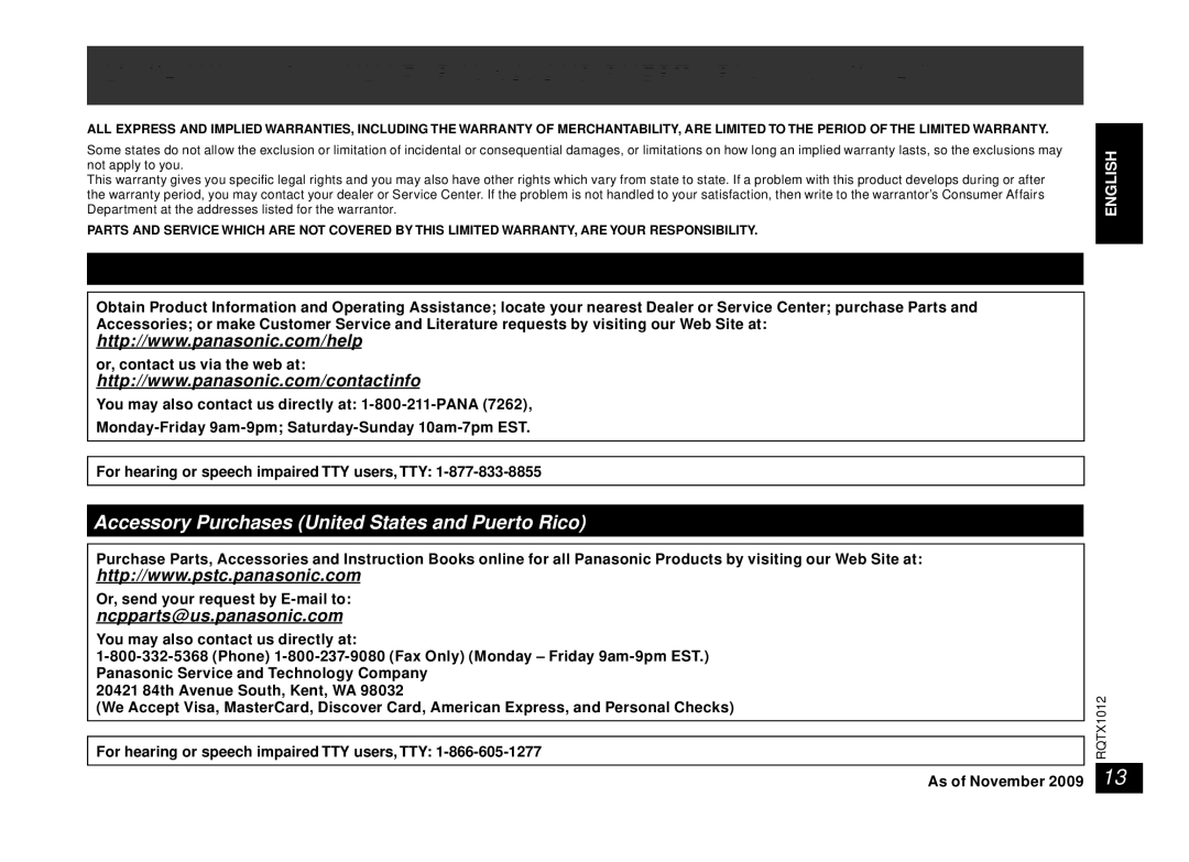 Panasonic SC-SP100 manual Limited Warranty only for U.S.A. and Puerto Rico, As of November 2009 