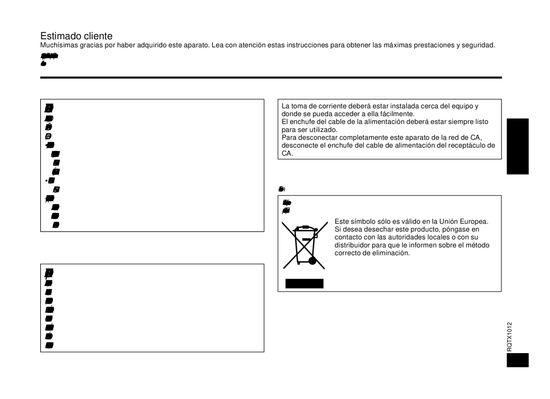 Panasonic SC-SP100 manual Estimado cliente, Si ve este símbolo 