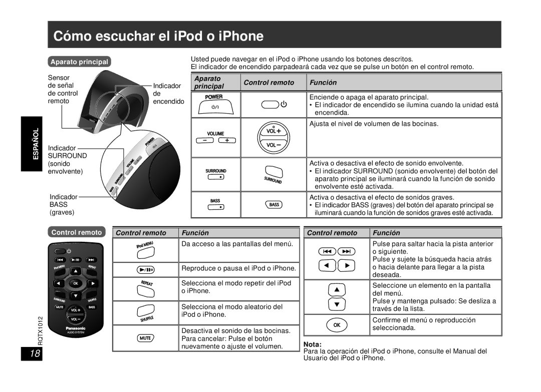 Panasonic SC-SP100 manual Cómo escuchar el iPod o iPhone, Aparato principal, Aparato Control remoto Función Principal, Nota 