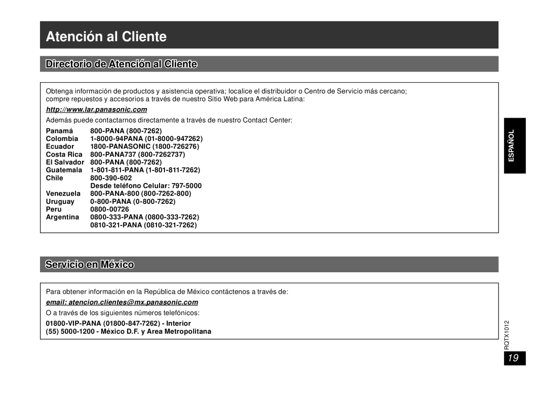 Panasonic SC-SP100 manual Atención al Cliente, Email atencion.clientes@mx.panasonic.com 