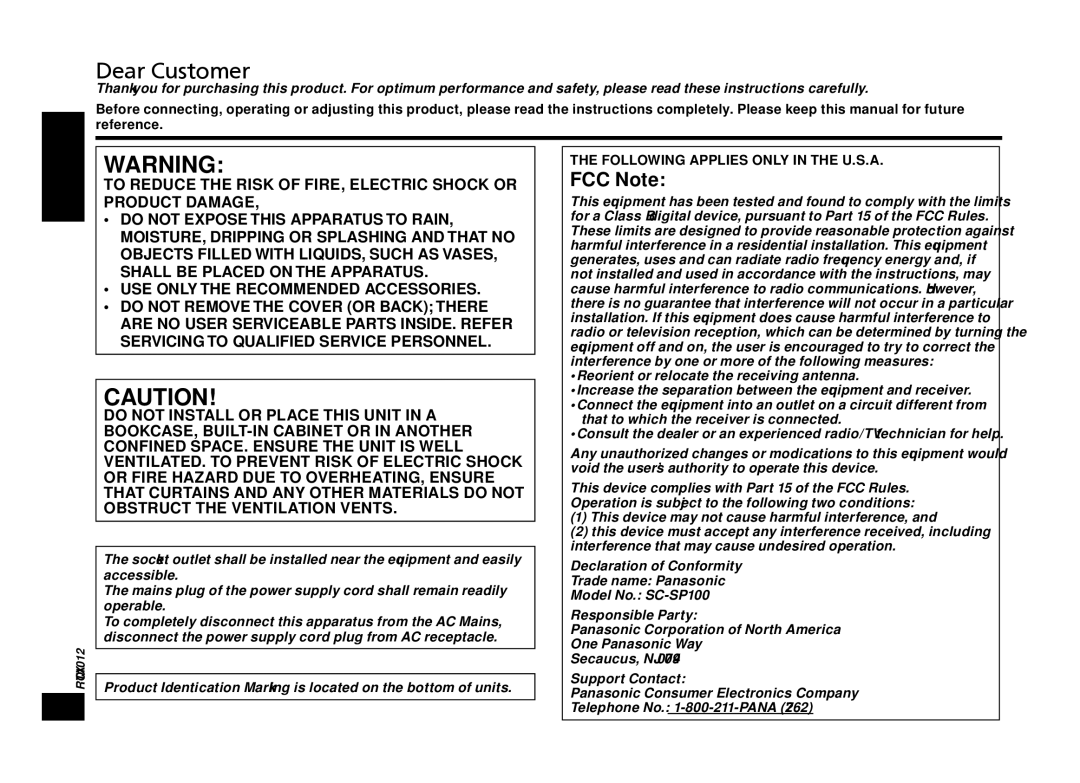 Panasonic SC-SP100 manual FCC Note 