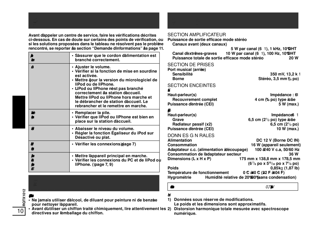 Panasonic SC-SP100 manual Guide de dépannage, Entretien, Spéciﬁcations 