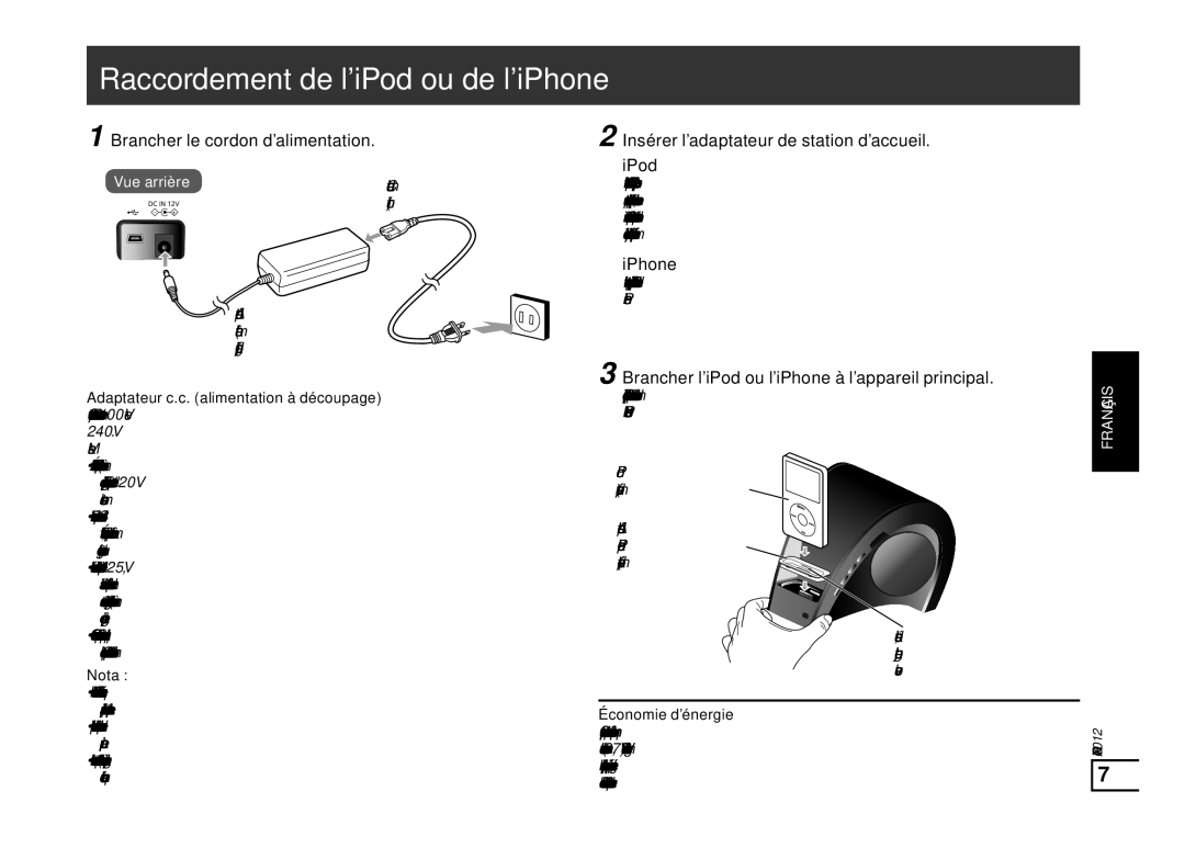 Panasonic SC-SP100 Raccordement de l’iPod ou de l’iPhone, Adaptateur c.c. alimentation à découpage, Économie d’énergie 