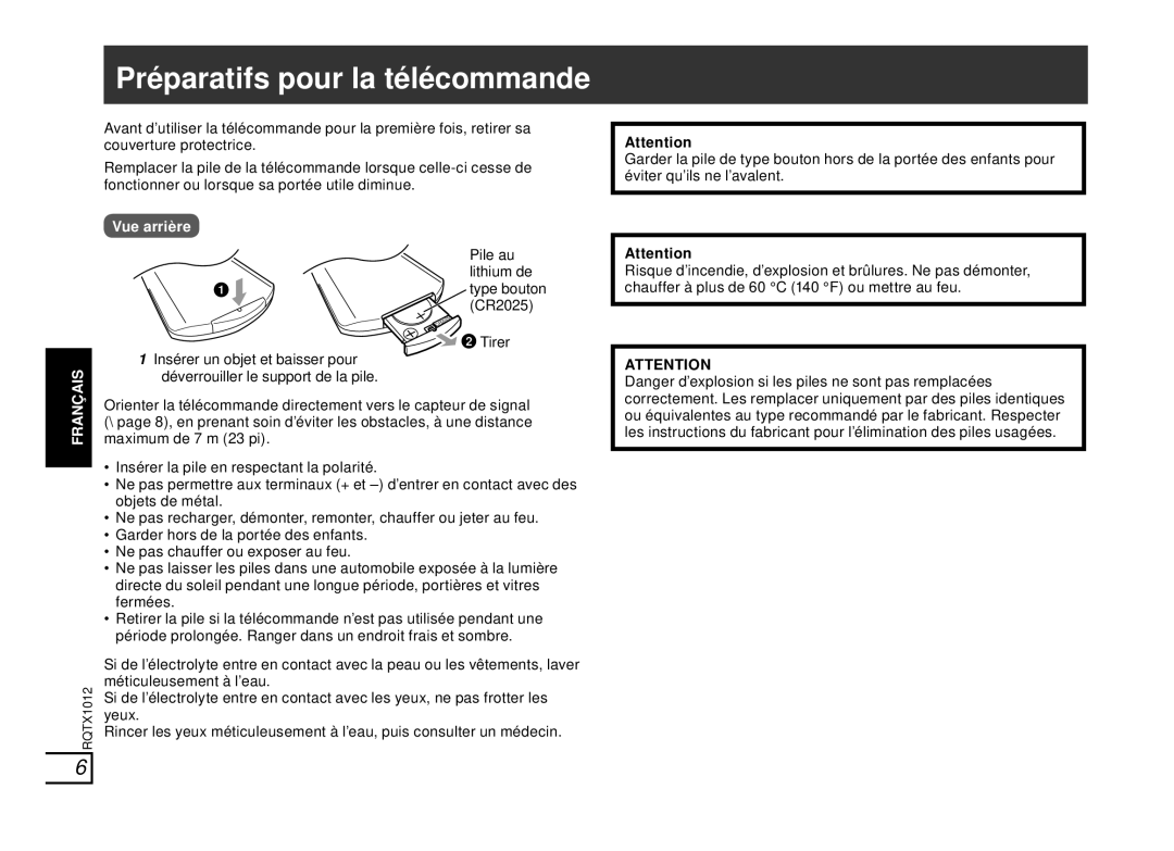 Panasonic SC-SP100 manual Préparatifs pour la télécommande 