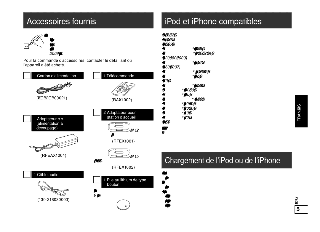 Panasonic SC-SP100 manual Accessoires fournis, IPod et iPhone compatibles, Chargement de l’iPod ou de l’iPhone 