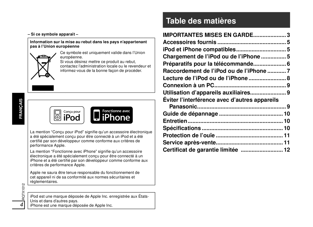 Panasonic SC-SP100 manual Table des matières, Importantes Mises EN Garde 