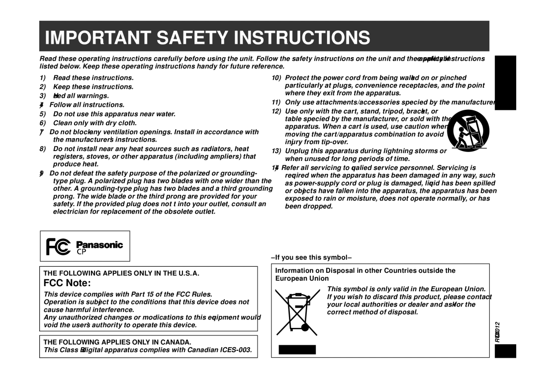 Panasonic SC-SP100 manual Important Safety Instructions 