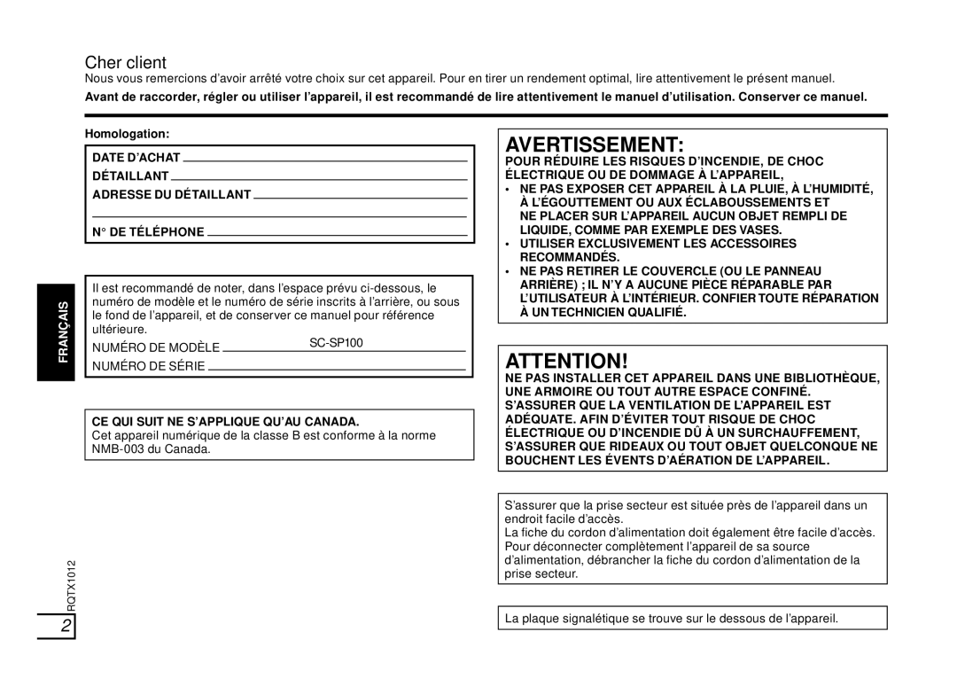 Panasonic SC-SP100 manual Avertissement 