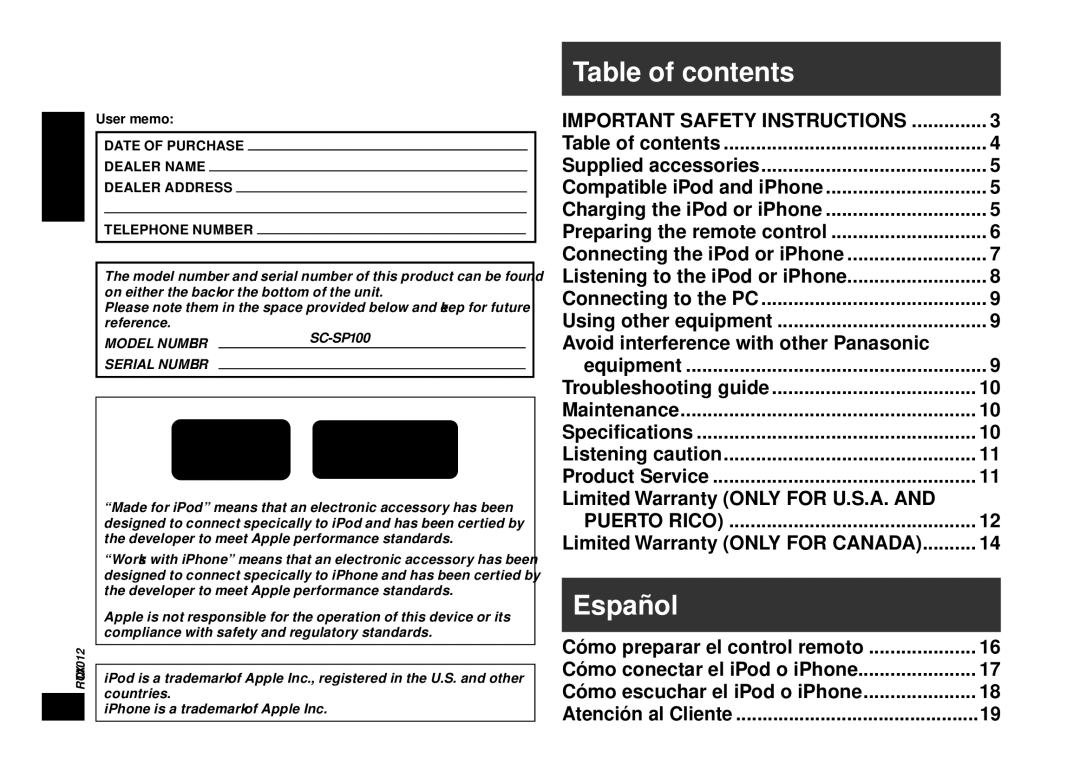 Panasonic SC-SP100 manual Table of contents, Español 