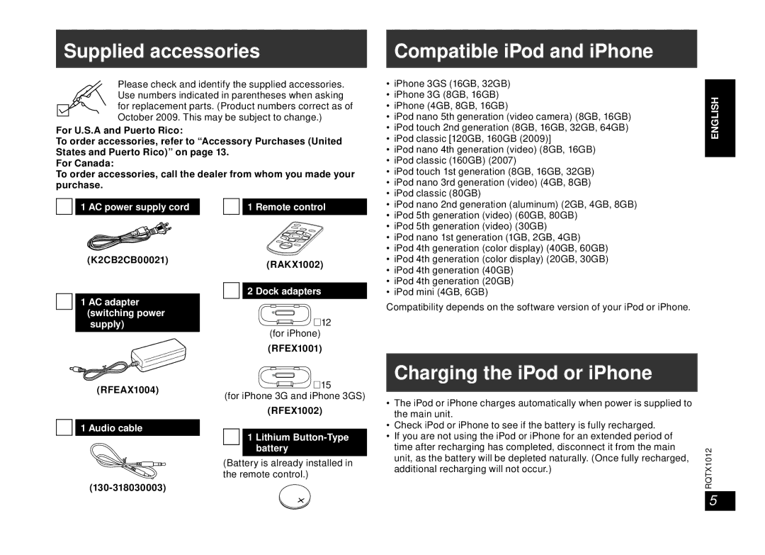 Panasonic SC-SP100 manual Supplied accessories, Charging the iPod or iPhone, Compatible iPod and iPhone 