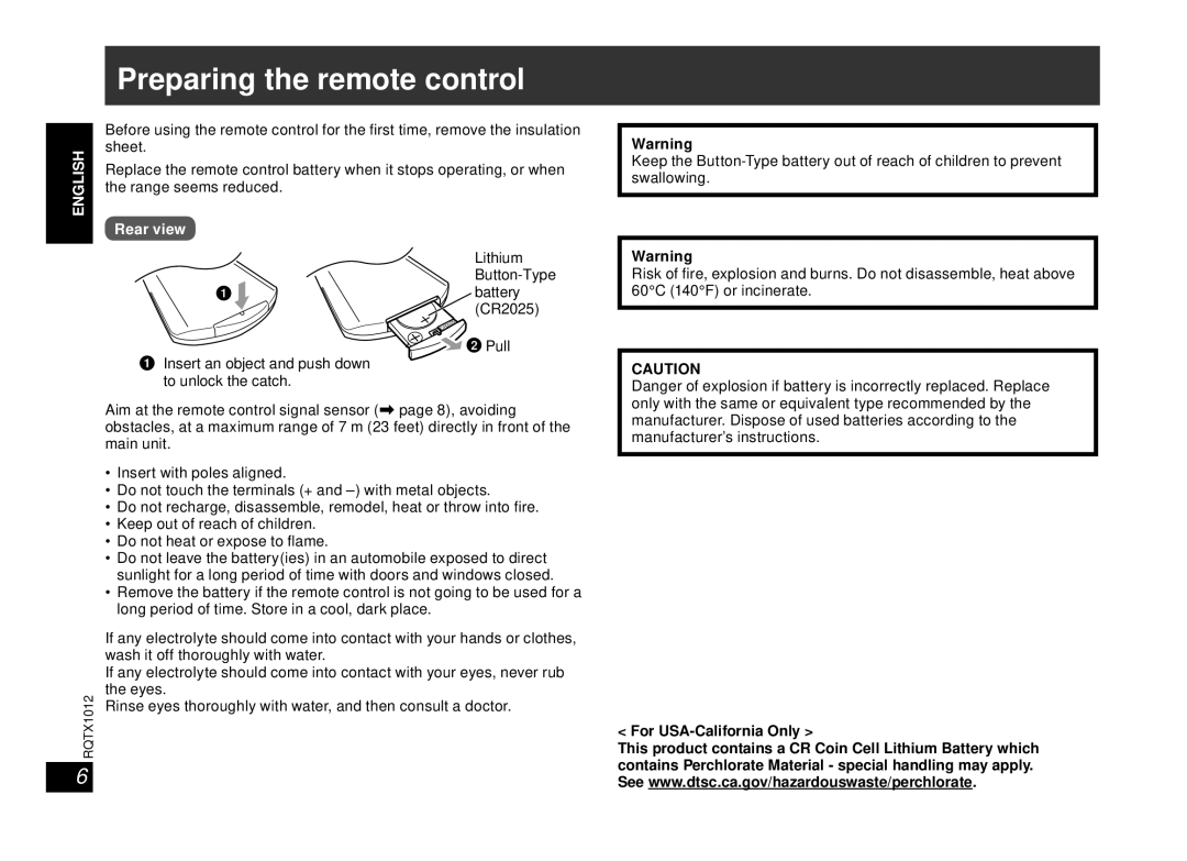 Panasonic SC-SP100 manual Preparing the remote control, Rear view, For USA-California Only 