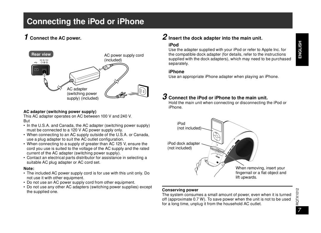 Panasonic SC-SP100 manual Connecting the iPod or iPhone, AC adapter switching power supply, Conserving power 