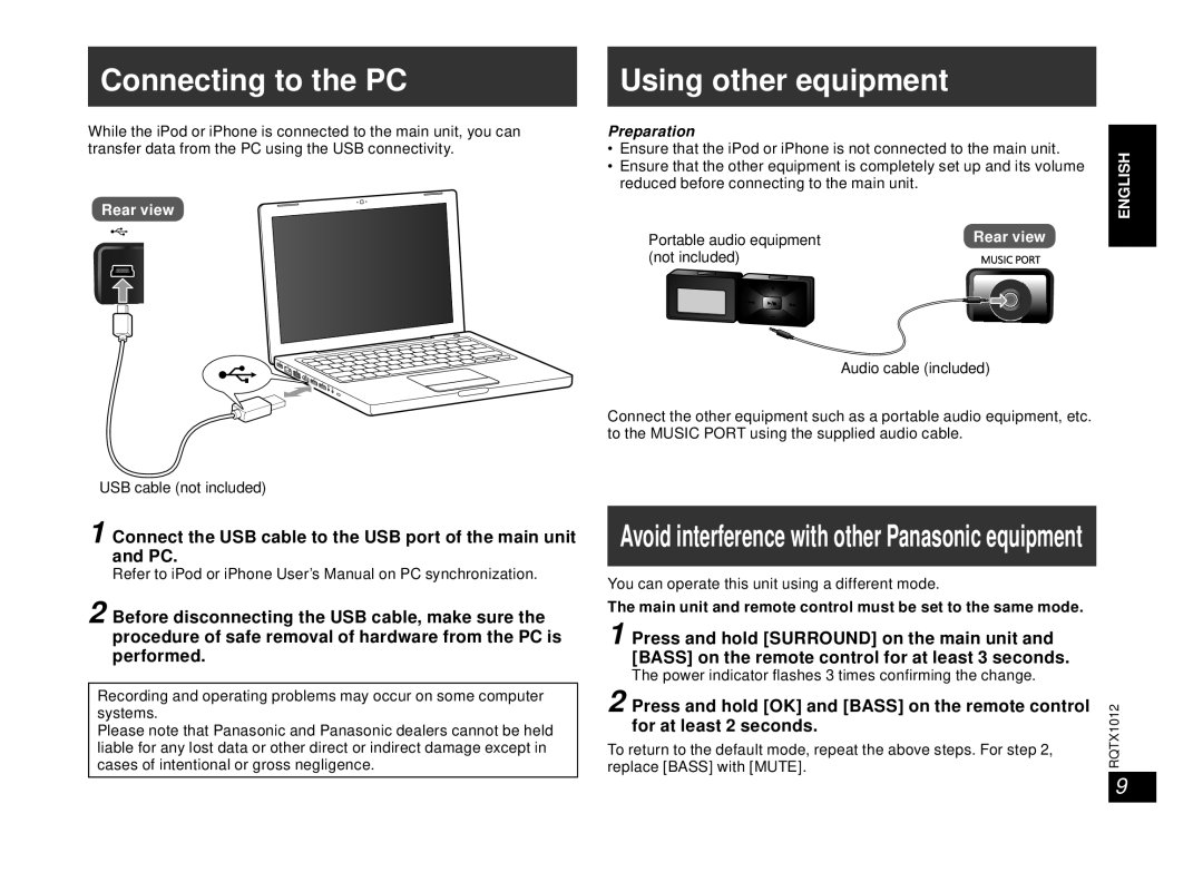 Panasonic SC-SP100 manual Connecting to the PC, Using other equipment, Preparation 