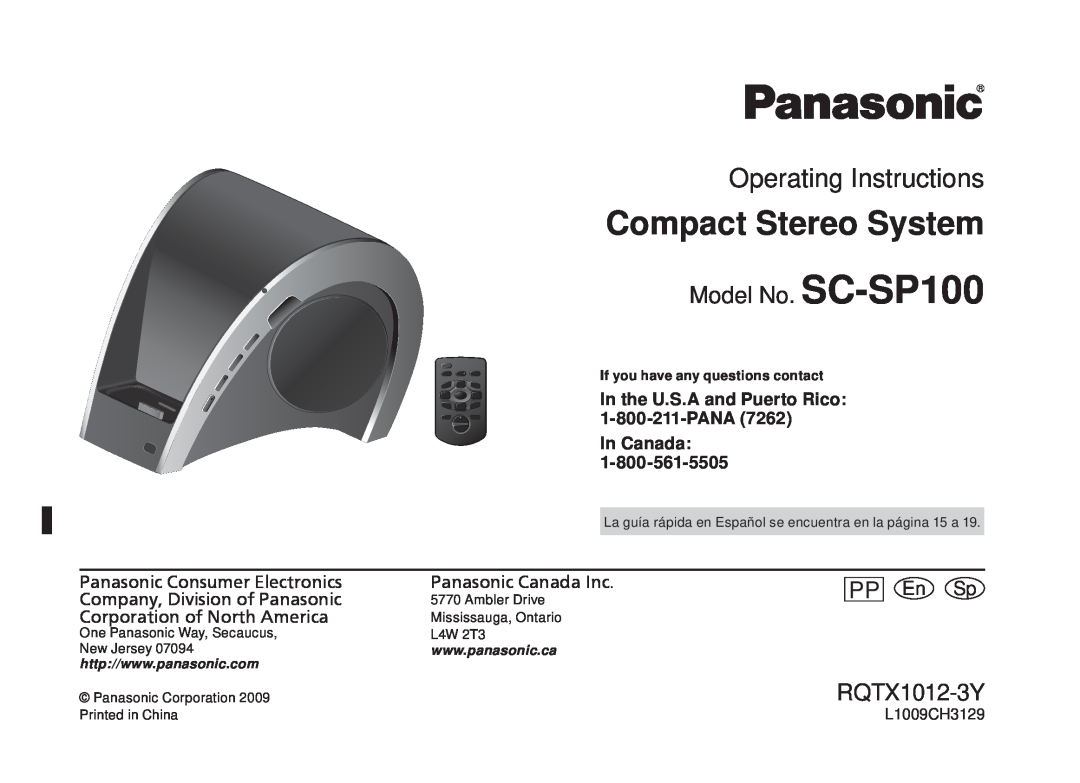 Panasonic manual Compact Stereo System, Operating Instructions, Model No. SC-SP100, RQTX1012-3Y, En Sp, L1009CH3129 