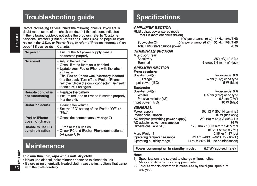 Panasonic SC-SP100 manual Troubleshooting guide, Speciﬁcations, Maintenance, Amplifier Section, Terminals Section, General 