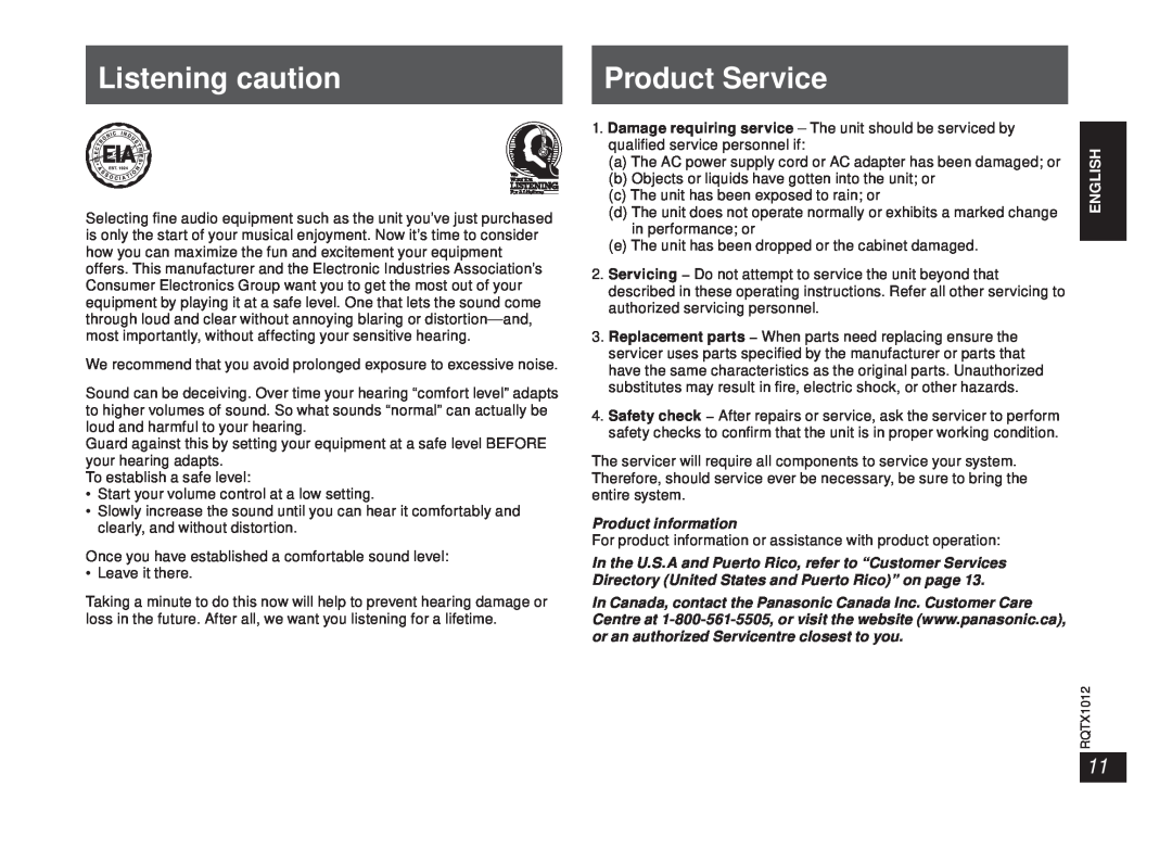 Panasonic SC-SP100 Listening caution, Product Service, Product information, or an authorized Servicentre closest to you 