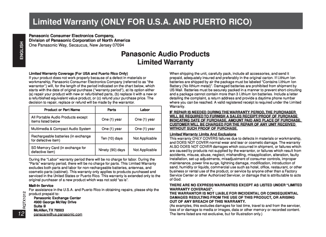 Panasonic SC-SP100 Limited Warranty ONLY FOR U.S.A. AND PUERTO RICO, Panasonic Audio Products Limited Warranty, English 
